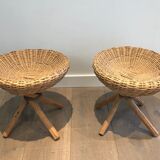 Pair of rattan stools. french work. around 1970