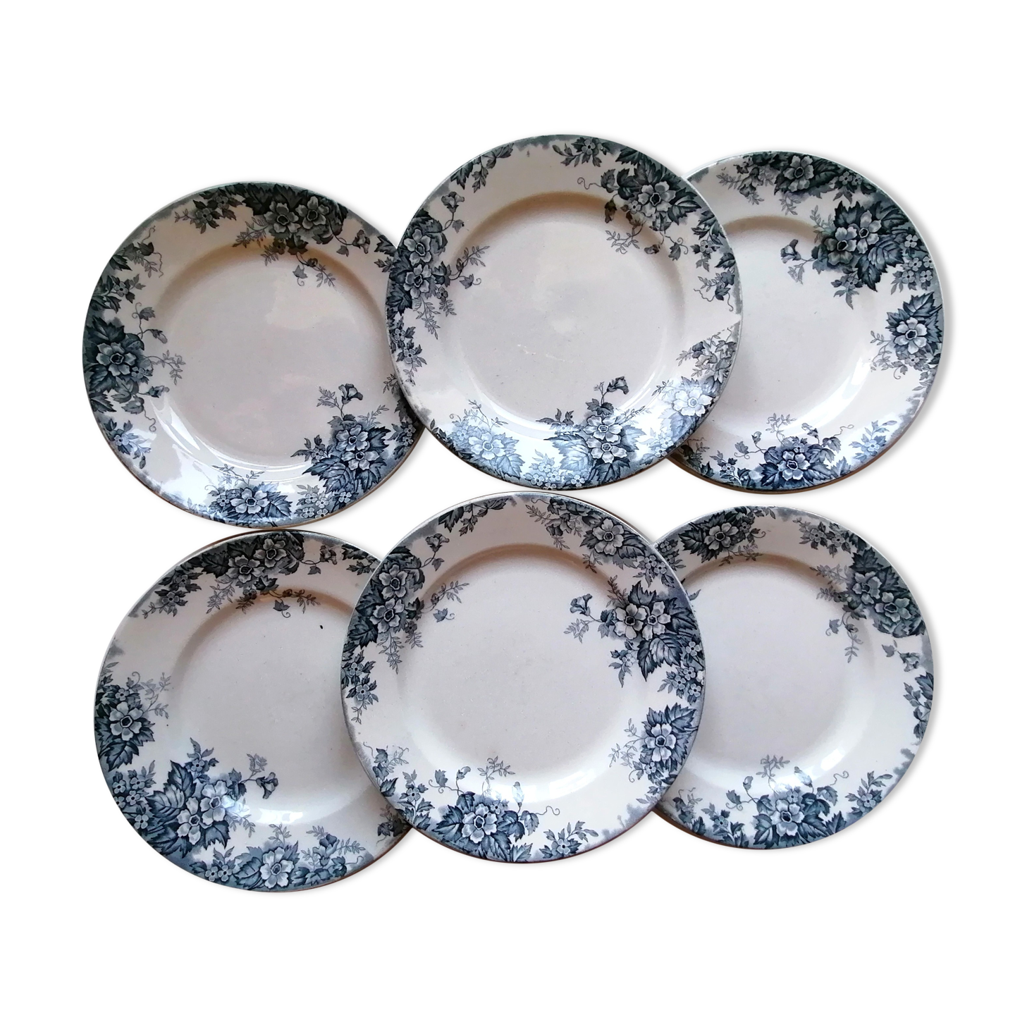 6 flat plates wolf mill blue and white iron earth