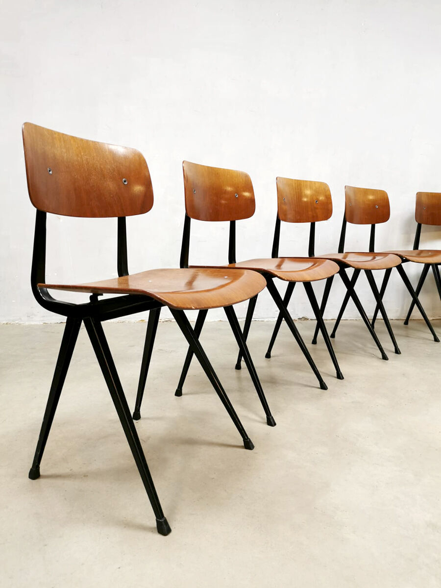 Set of 5 industrial Dutch design school chairs by Friso Kramer