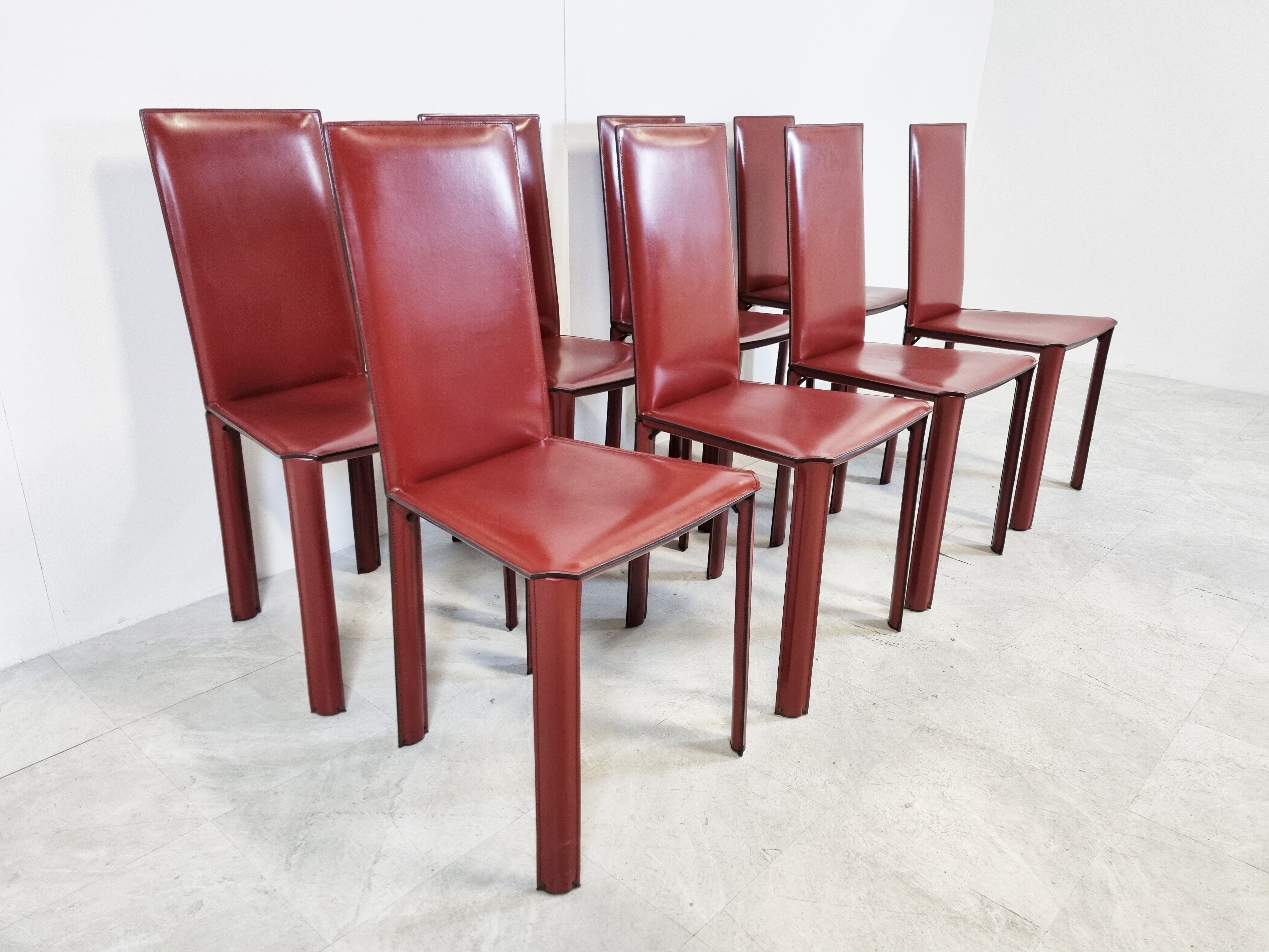 Red leather dining chairs by De Couro Brazil, 1980s - set of 8