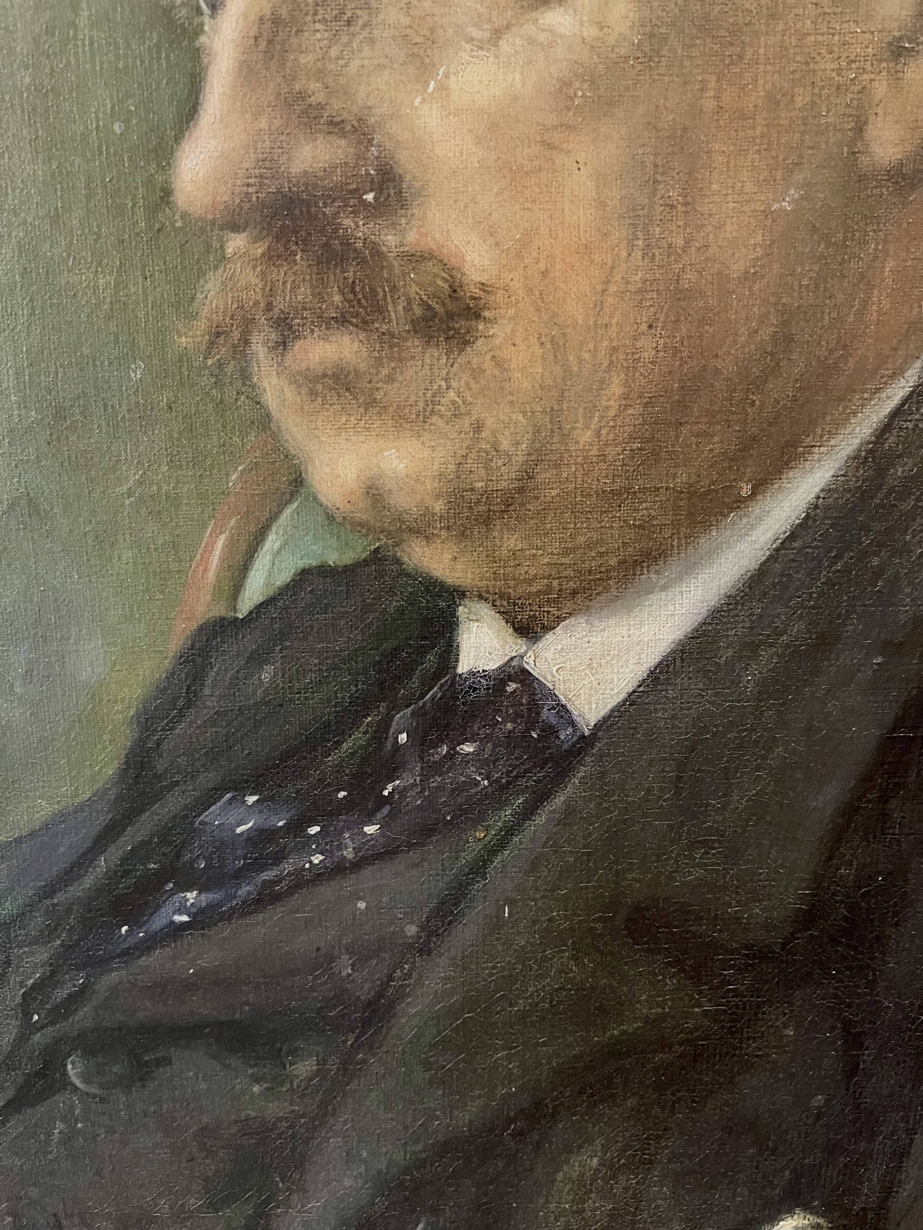 Portrait painting of a man with green eyes and mustache signed 1904
