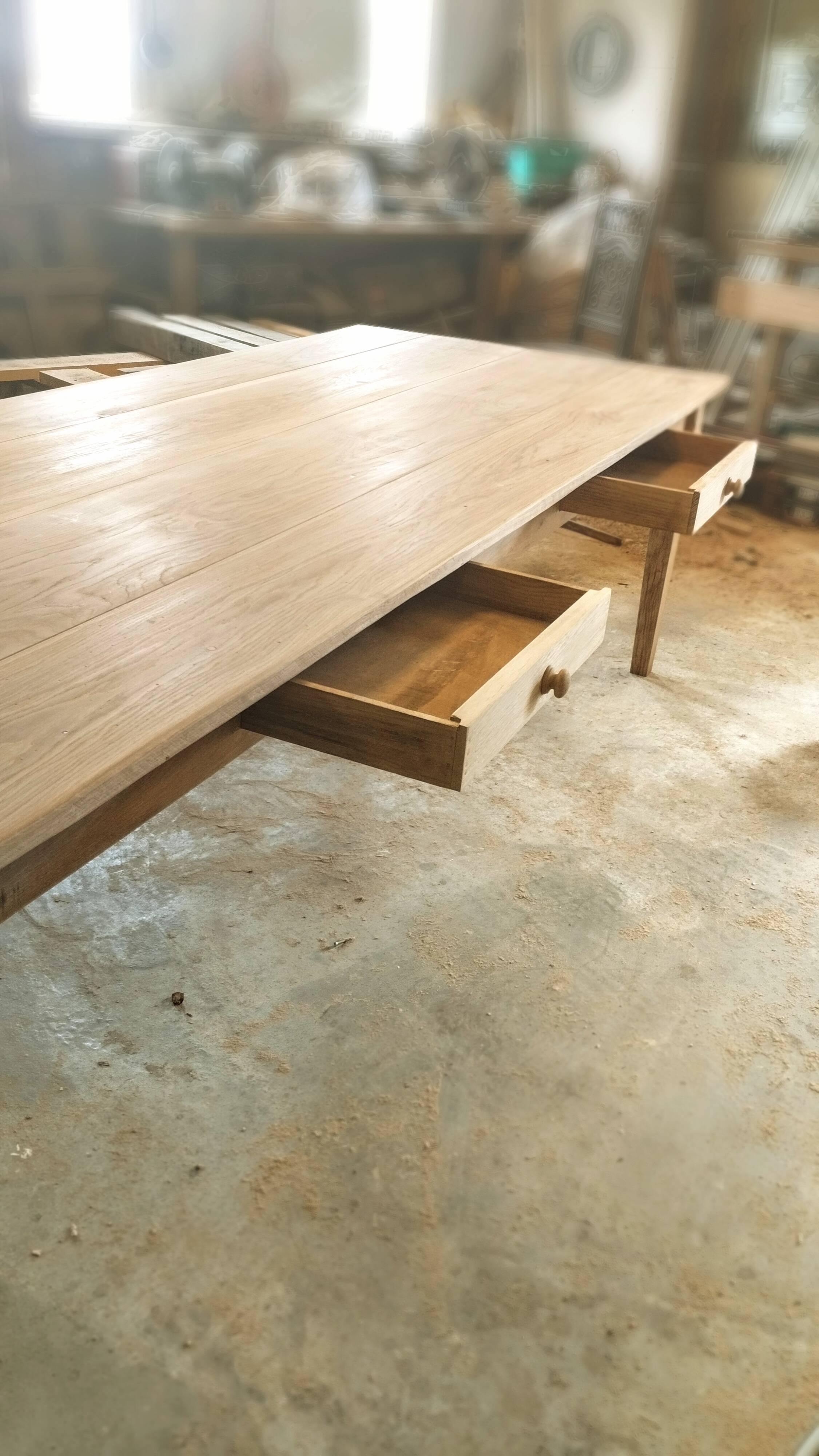 Large solid oak farmhouse table with two drawers 260 cm x 100 cm