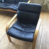 Danish Mathsson sofa + 2 armchairs in curved wood and leather