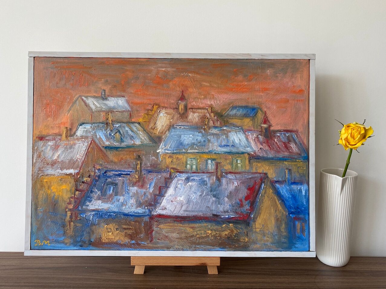 Mid century modernist framed oil painting - houses at sunset