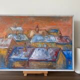 Mid century modernist framed oil painting - houses at sunset