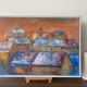 Mid century modernist framed oil painting - houses at sunset