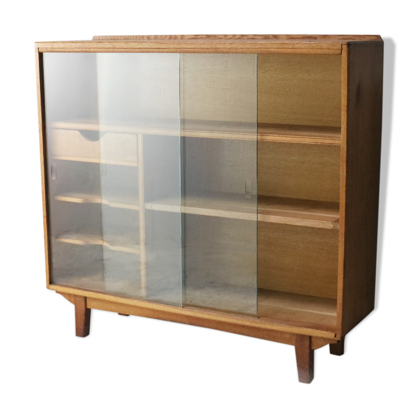1950’s Solid Oak Bookcase With Glass Sliding Doors