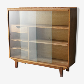 1950’s Solid Oak Bookcase With Glass Sliding Doors