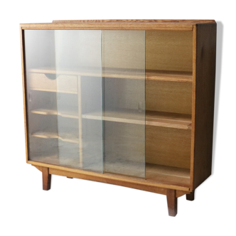 1950’s Solid Oak Bookcase With Glass Sliding Doors