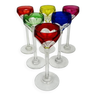 Set of 6 coloured double crystal liqueur glasses – Saint-Louis – Bristol model – H. 13 cm