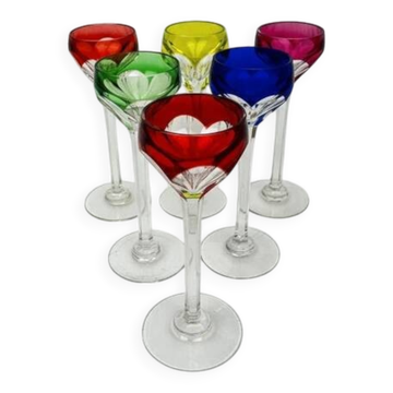 Lot de 6 verres à liqueur en cristal doublé coloré – Saint-Louis – Modèle Bristol – H. 13 cm