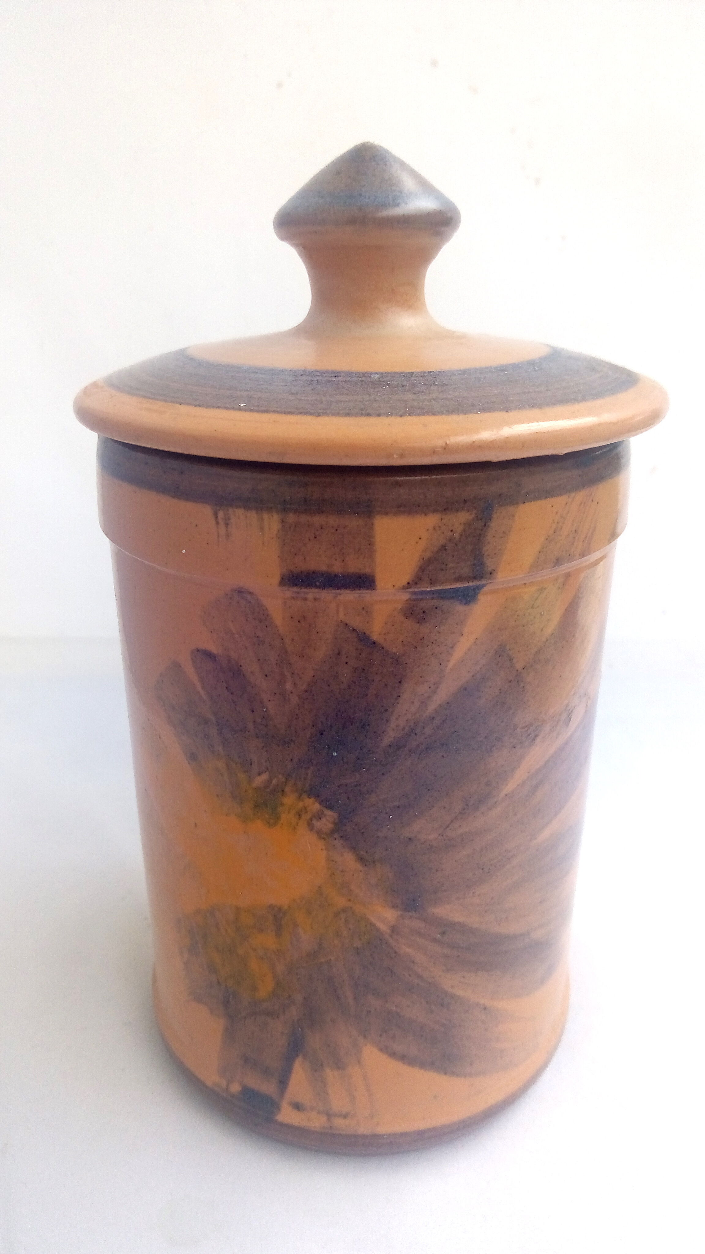 Terracotta ceramic pot with blue flowers