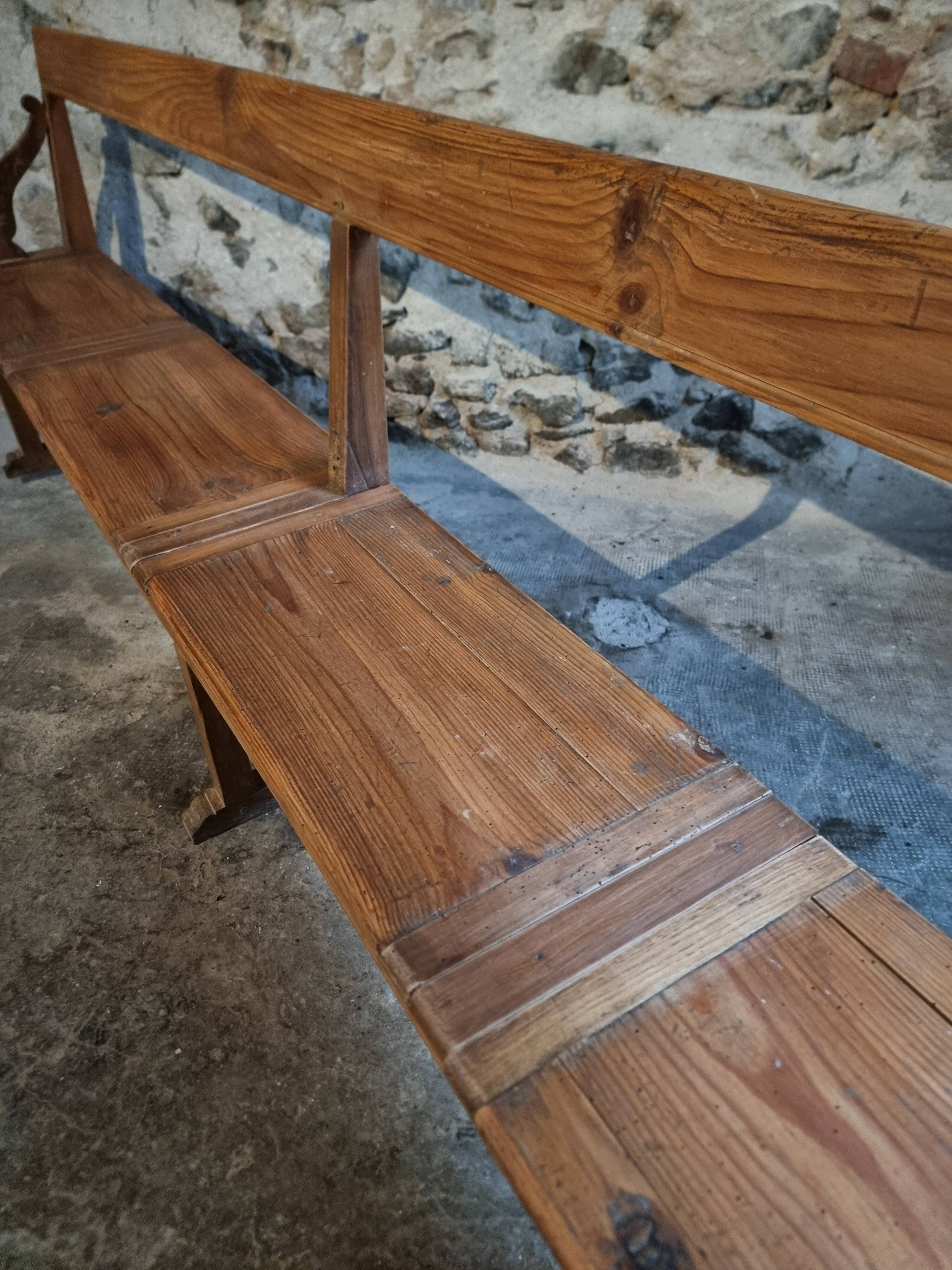 Banc de monastère antique XXL – Long banc de rangement en pin avec cadre en chêne, vers 1900–1920