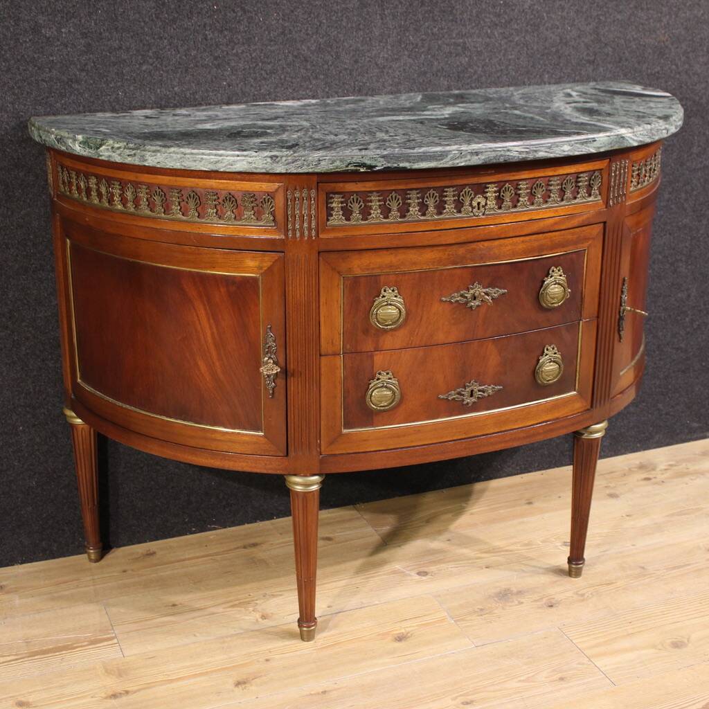 French Louis XVI style half-moon commode with marble top