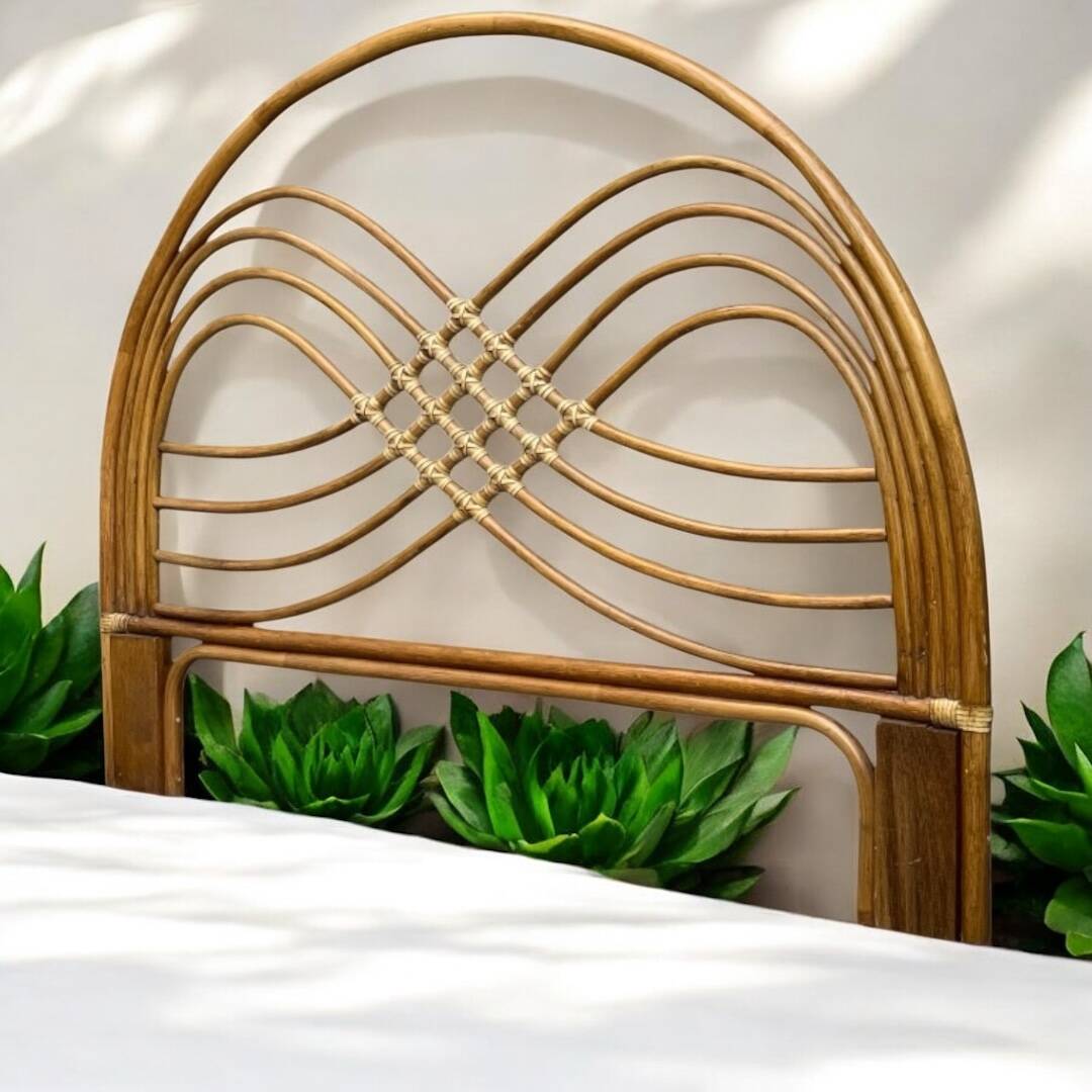 Rattan and leather headboard 140cm vintage 1970