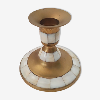 Mother-of-pearl and brass candle holder