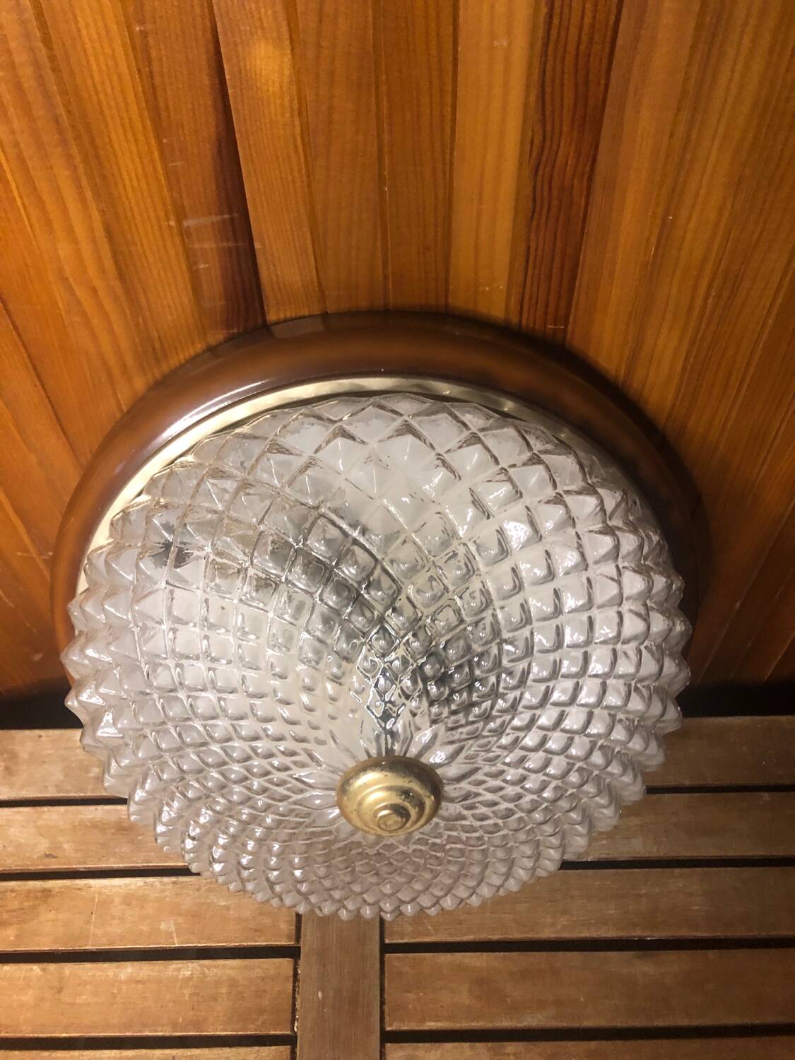 Old molded glass ceiling light + brown & gold metal contour vintage