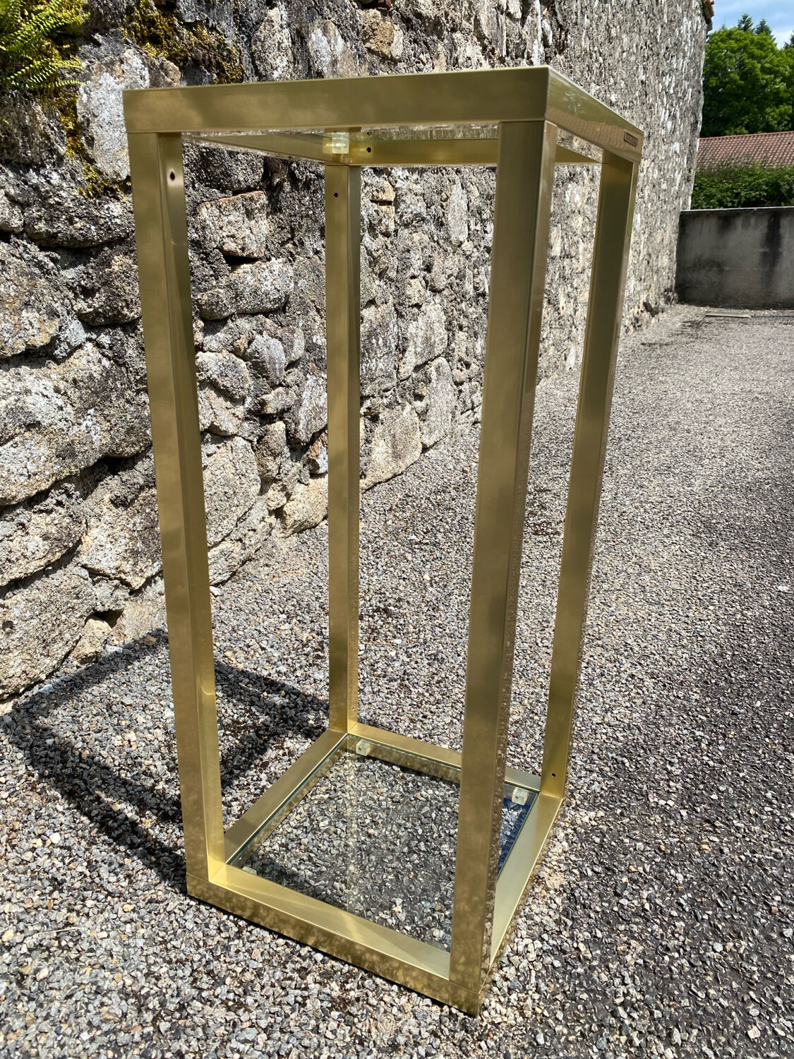 Vintage 1980s square gold metal end table/shelving by pierre vandel, 2 pieces
