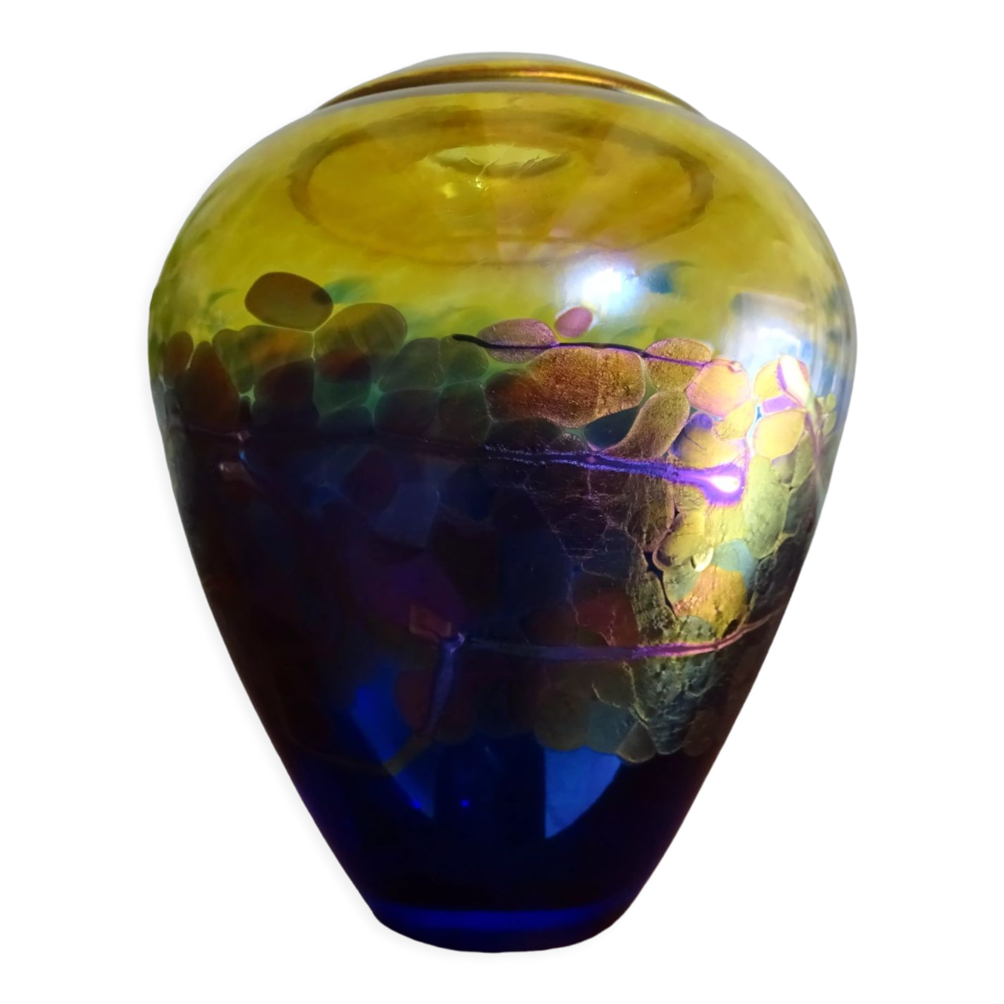 Multicoloured iridescent glass vase and cobalt blue Canada Robert Held signed