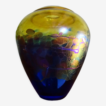 Vase verre irisé multicolore et bleu cobalt canada robert held signé