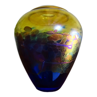 Multicoloured iridescent glass vase and cobalt blue Canada Robert Held signed