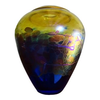 Vase verre irisé multicolore et bleu cobalt canada robert held signé