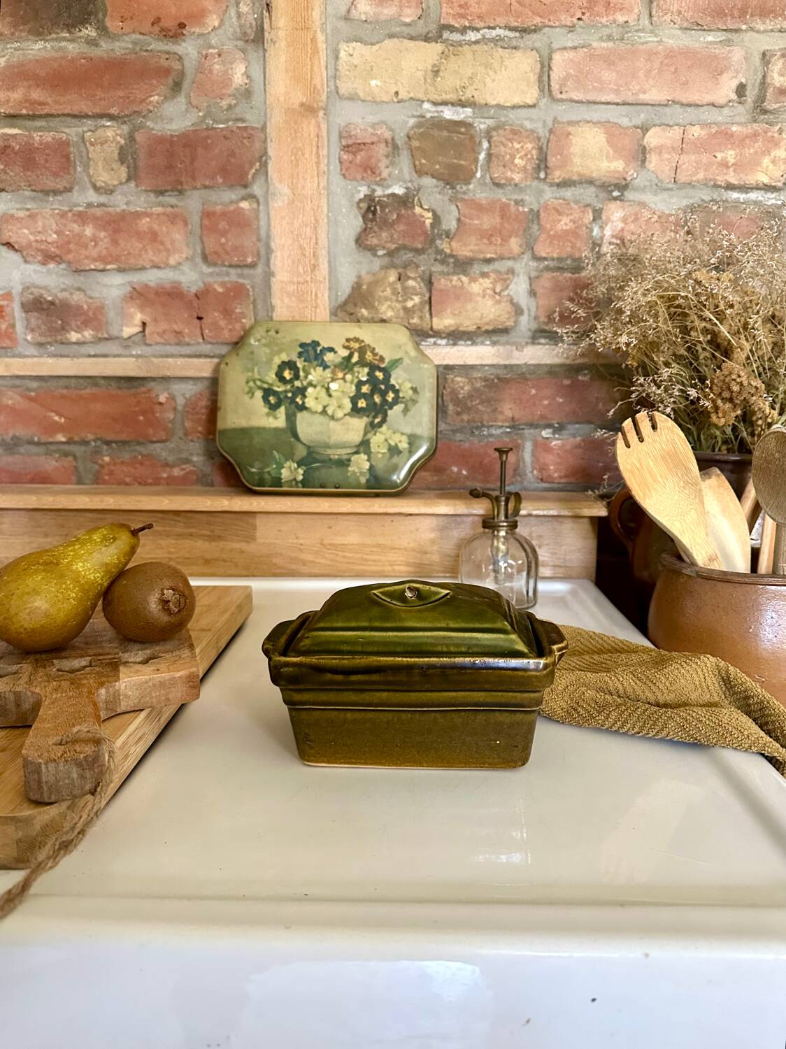 Vintage green majolica butter dish