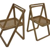 set of four mid century modern folding chairs, wood and webbing chair, italy 1970s design