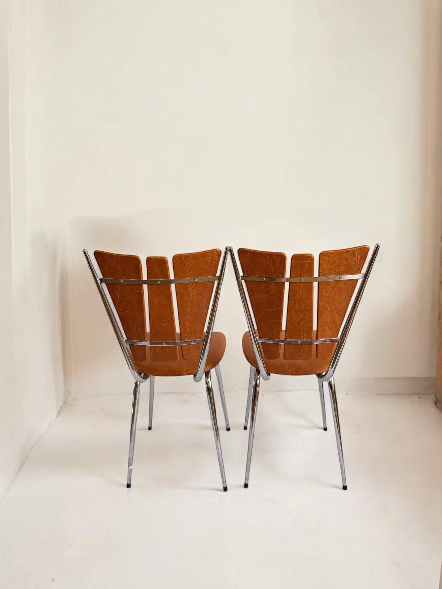 Pair of Tub Ménager vintage 70s petal chairs in brown leatherette and chrome