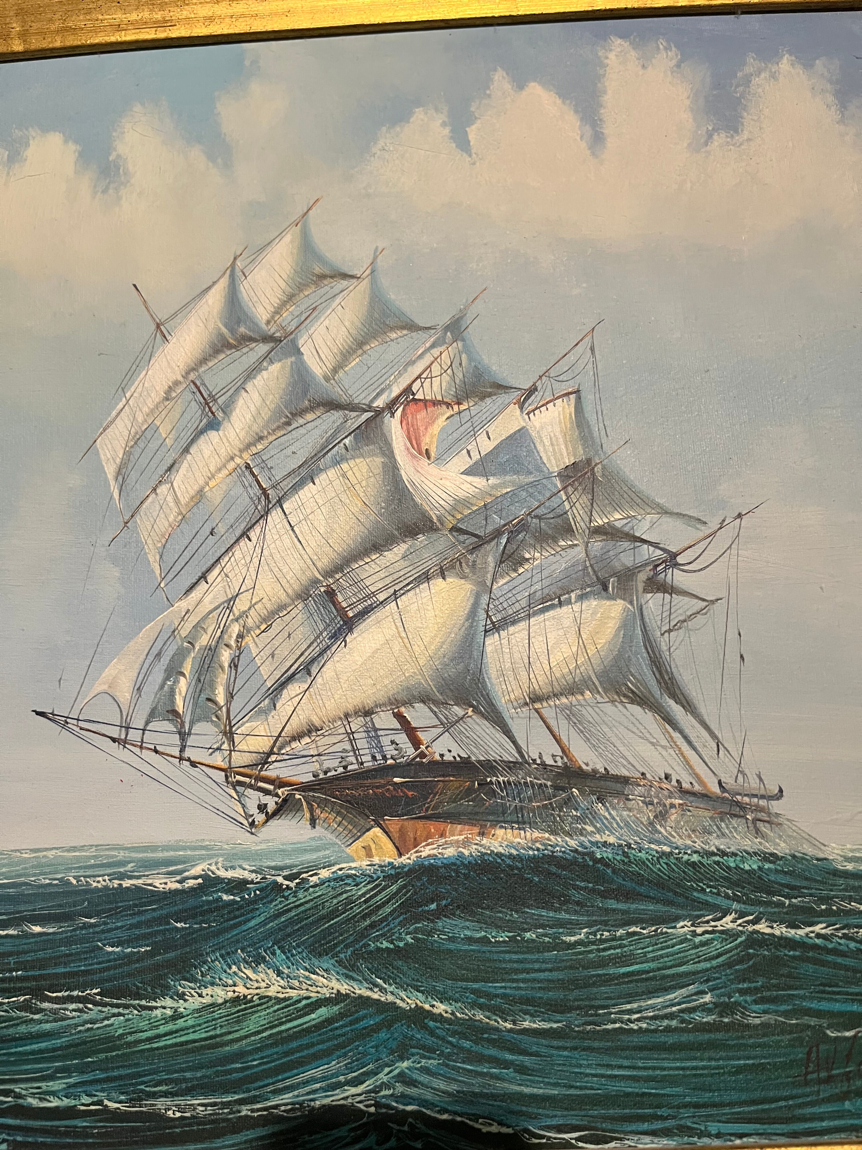 Maritime tableau 3 masts gold frame, sculpted