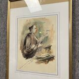 Watercolor drawing representing a judge during a trial dated 1988