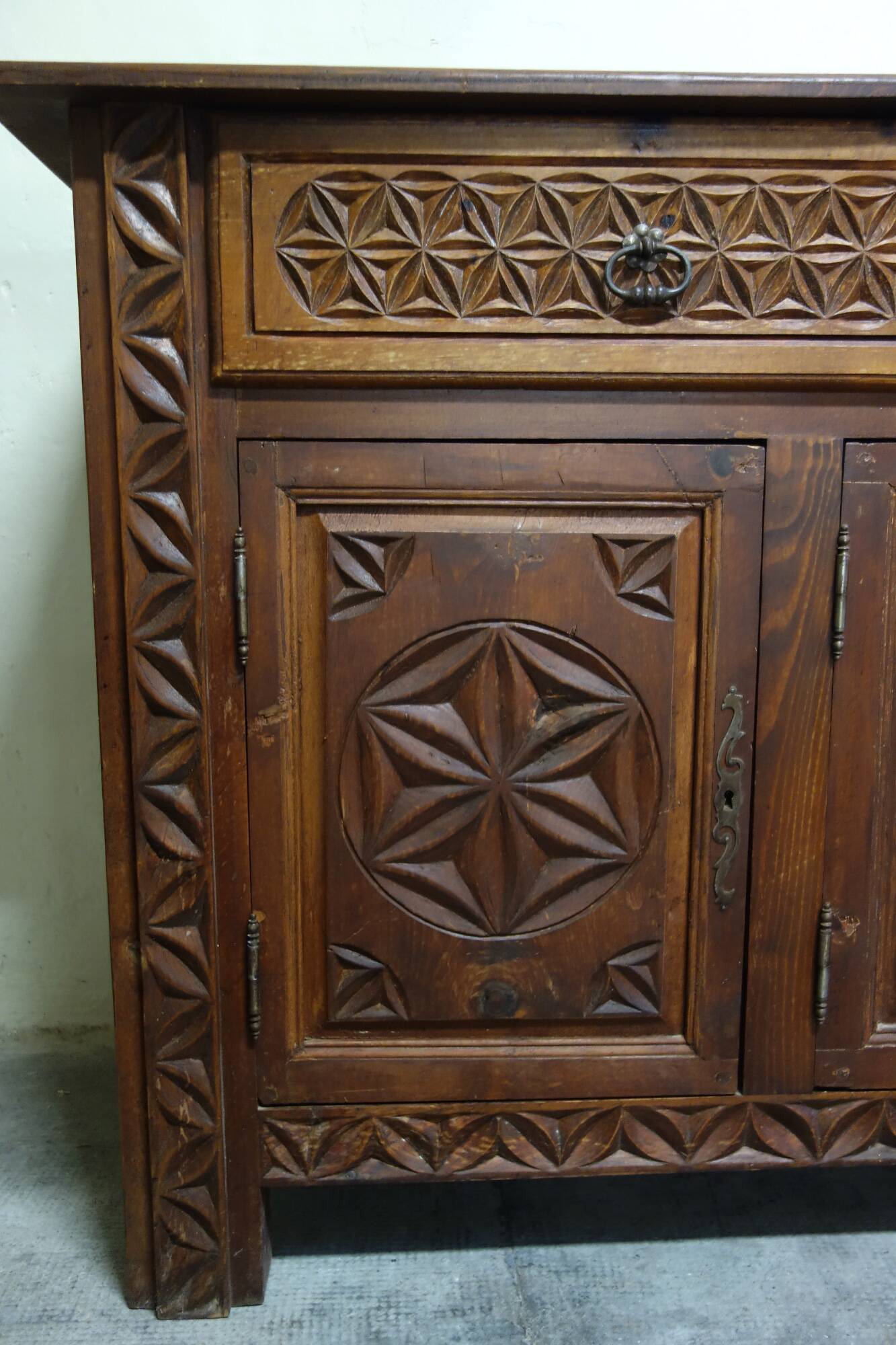 Carved pine sideboard, mountain folk art, 1950s