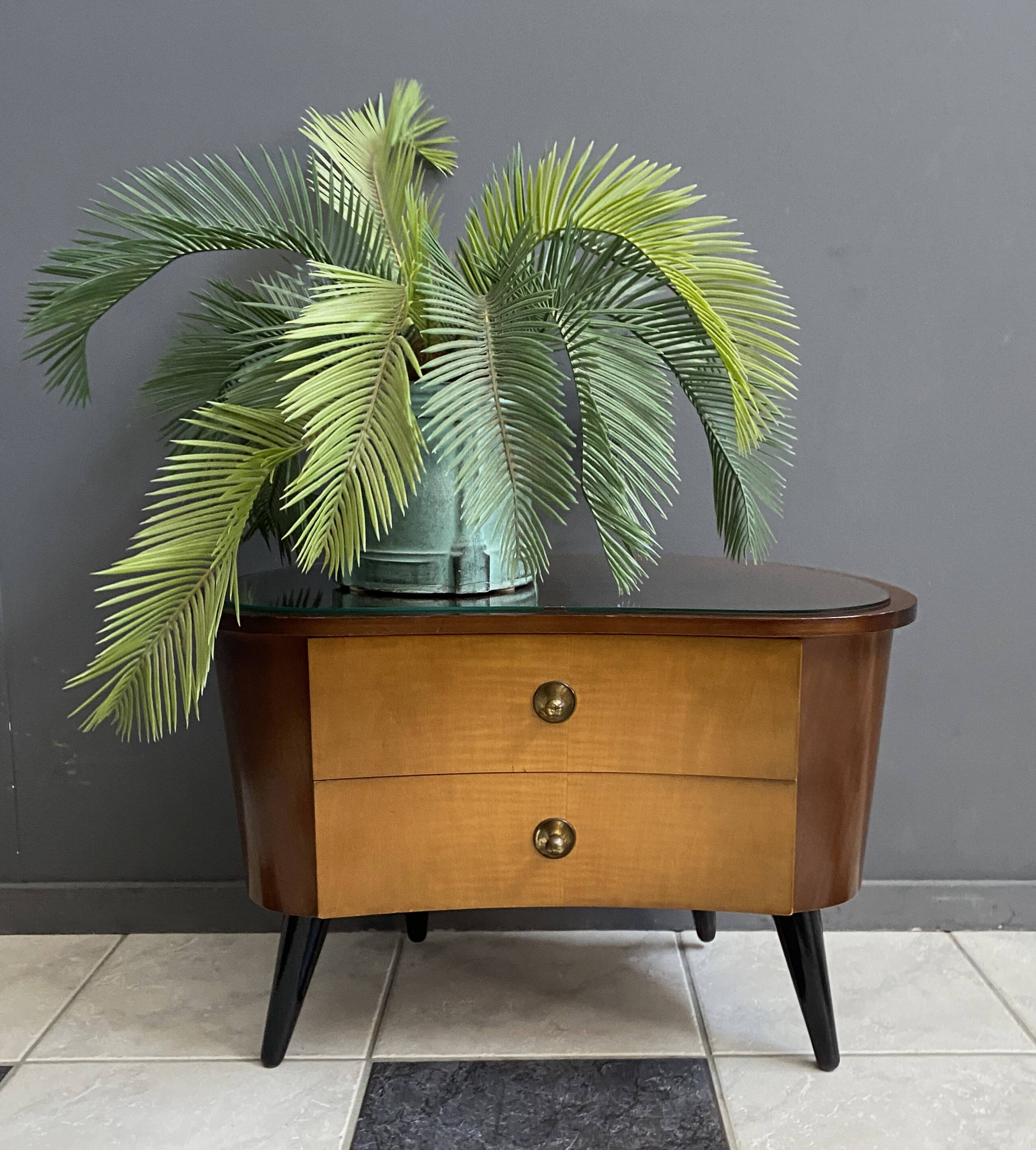 small kidney shaped cabinet with glass on top 1960s