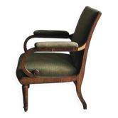 Fauteuil Biedermeier en tissu vert olive et bois sculpté, époque 1890-1919