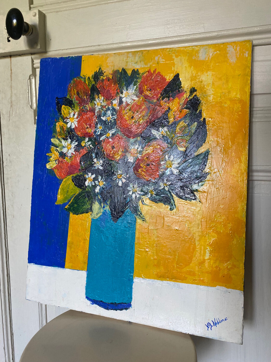 Painting colorful bouquet of flowers signed modernist canvas