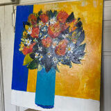Tableau peinture bouquet de fleurs coloré signé toile moderniste