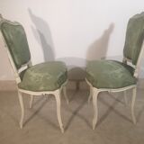 Two Louis XV style chairs, spine and green silk fabrics