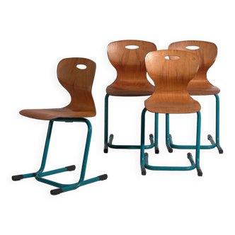 Chaises d’école vintage bleu turquoise (c.1950). Ensemble de 4 pièces