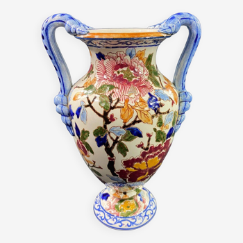 Vase à anses en faïence de Gien décor Pivoines
