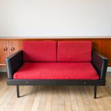 Day Bed sofa in skai, mottled red fabrics and black metal 1950
