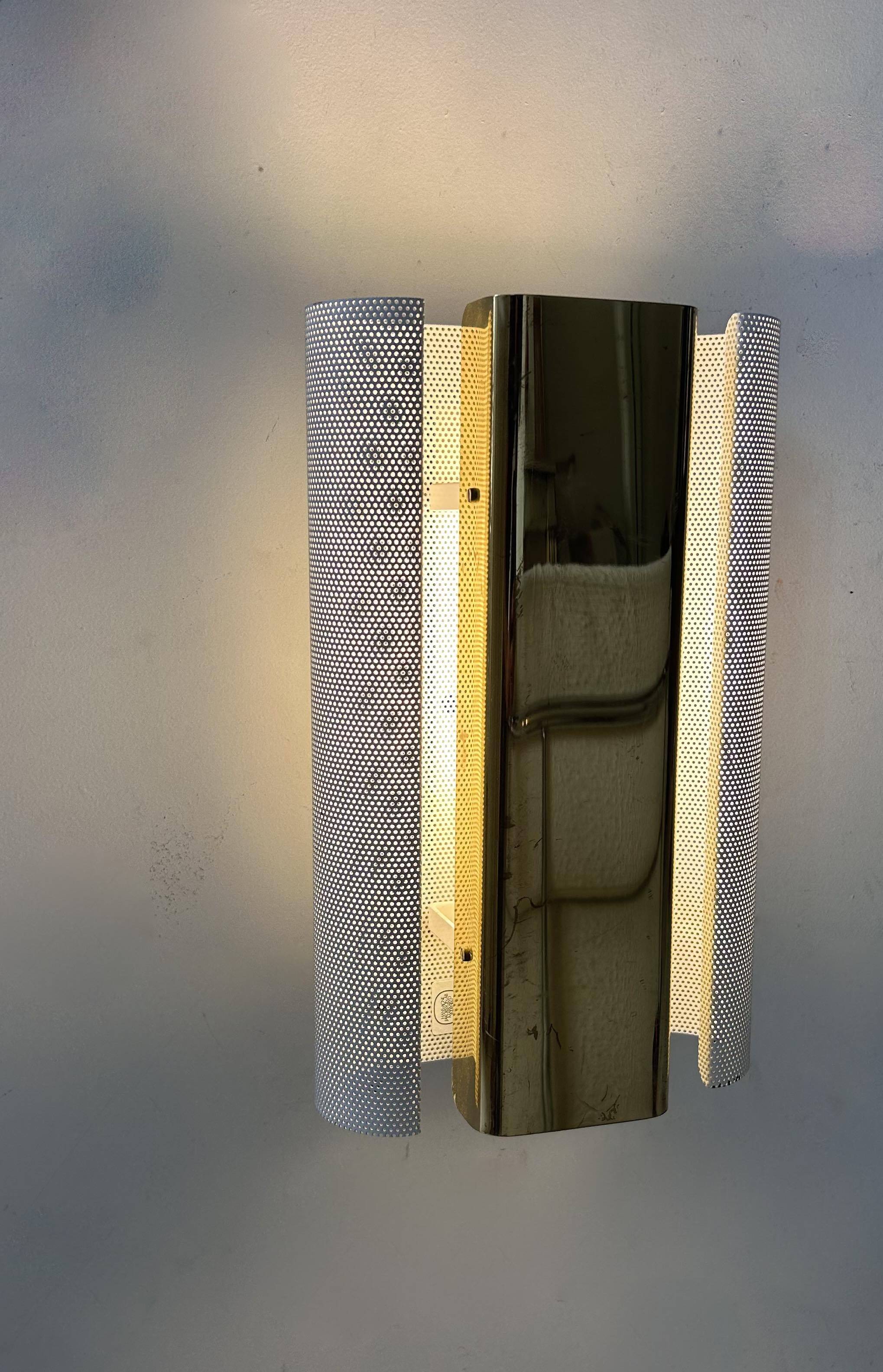 Pair of vintage wall lights, brass and white perforated metal, Hans Agne Jakobsson