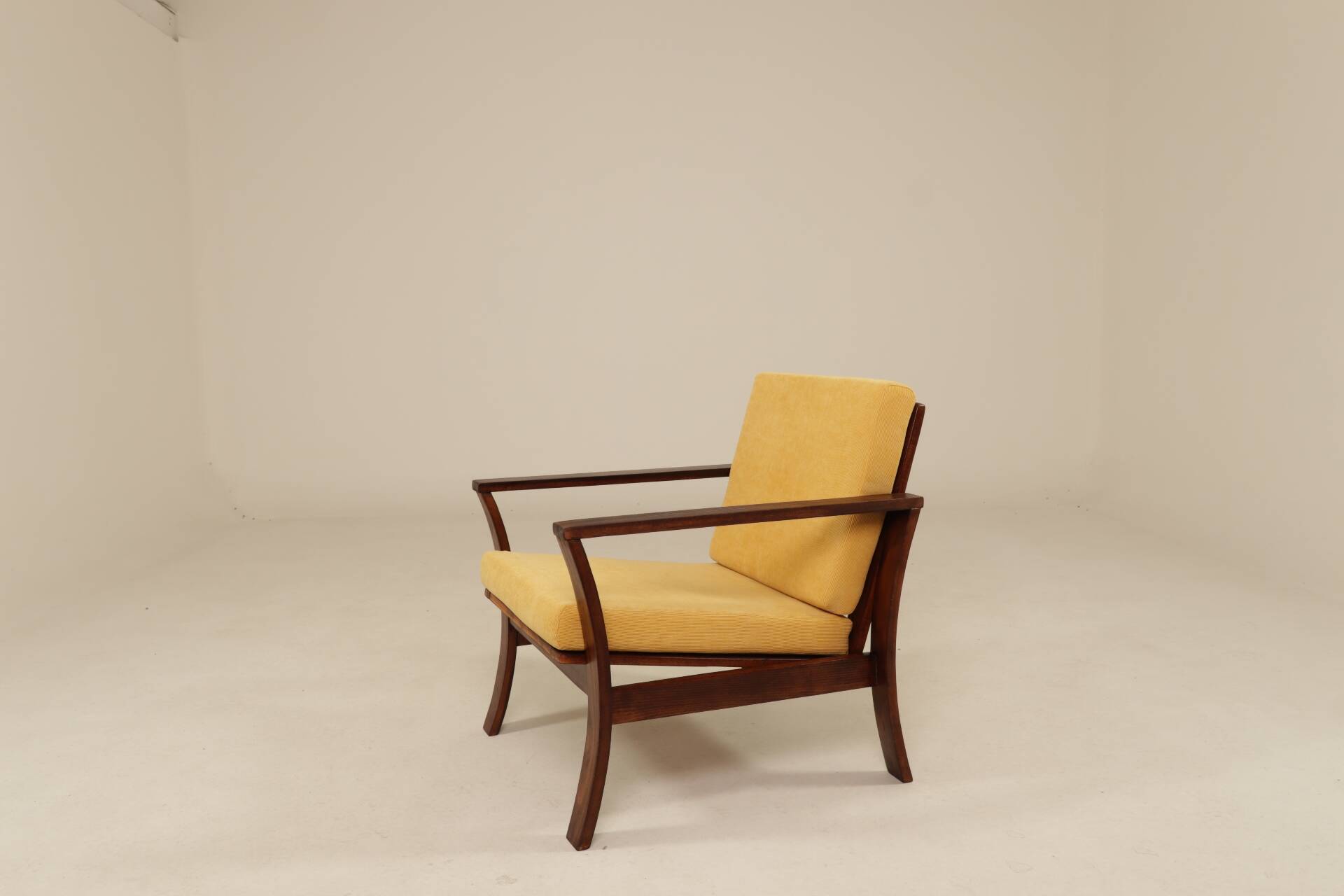 Pair of vintage curved beech armchairs, refurbished – Corduroy fabric
