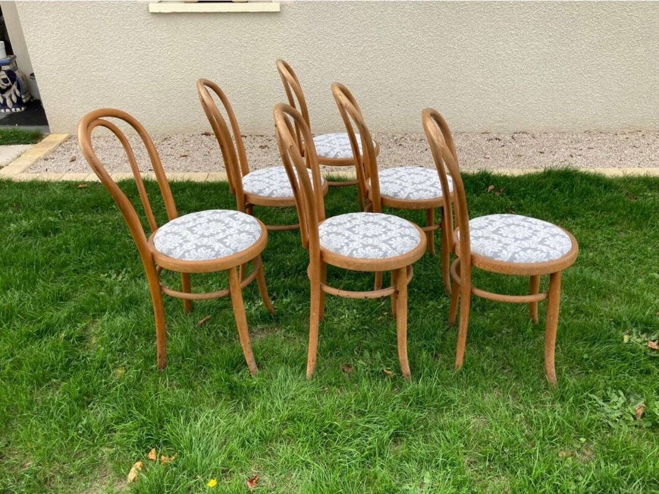 6 Bistro Chairs Fischel Thonet Bent Beech Damask Fabric