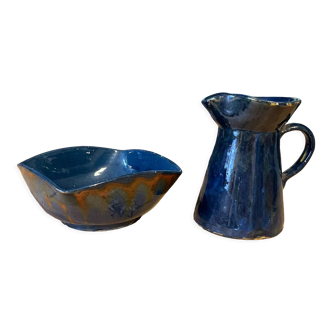 Blue glazed ceramic pitcher and basin