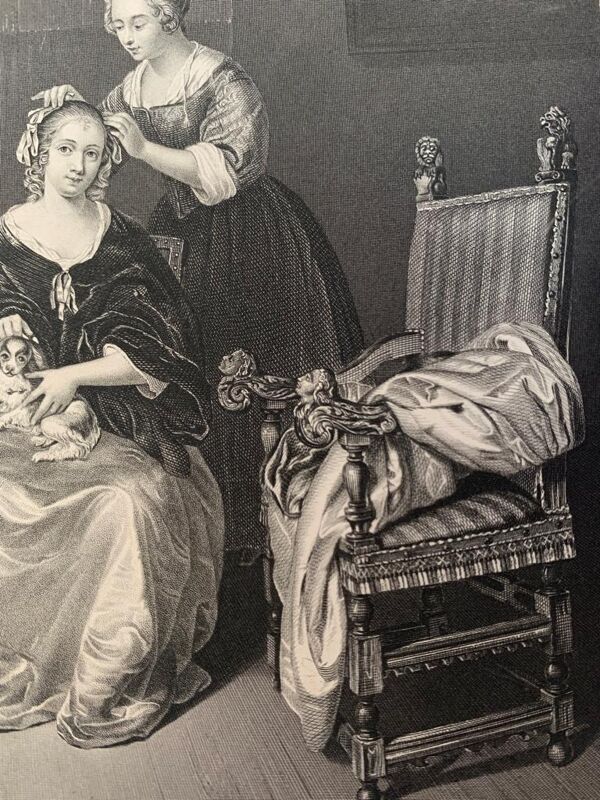 Casper Netscher, La toilette, gravure, XIXème siècle