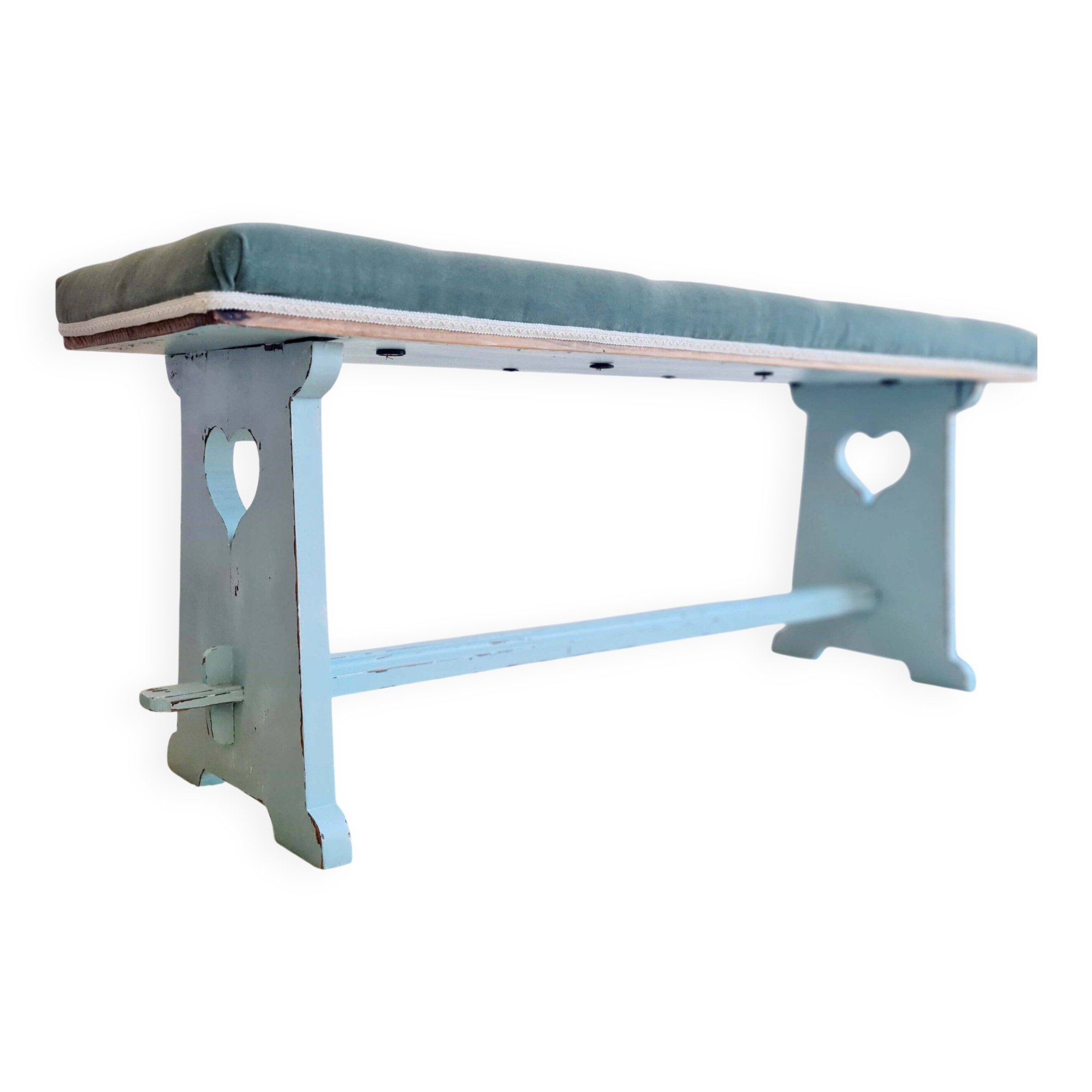 Antique blue velvet wooden bench - heart-shaped bench