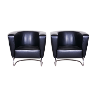 Black Leather Jindrich Halabala armchairs for Up Zavody - 1930s Czechia