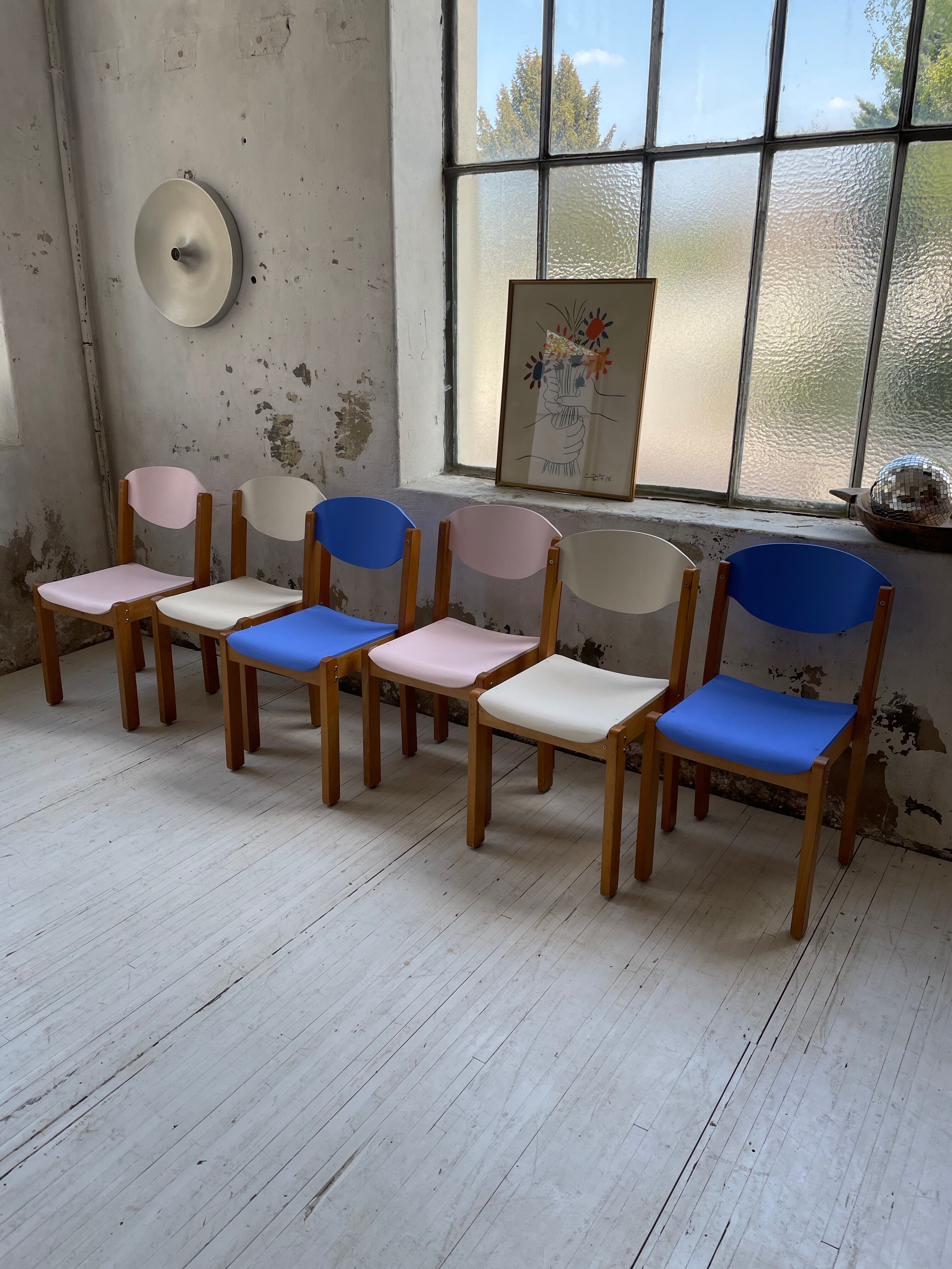 6 colorful 80s beech chairs