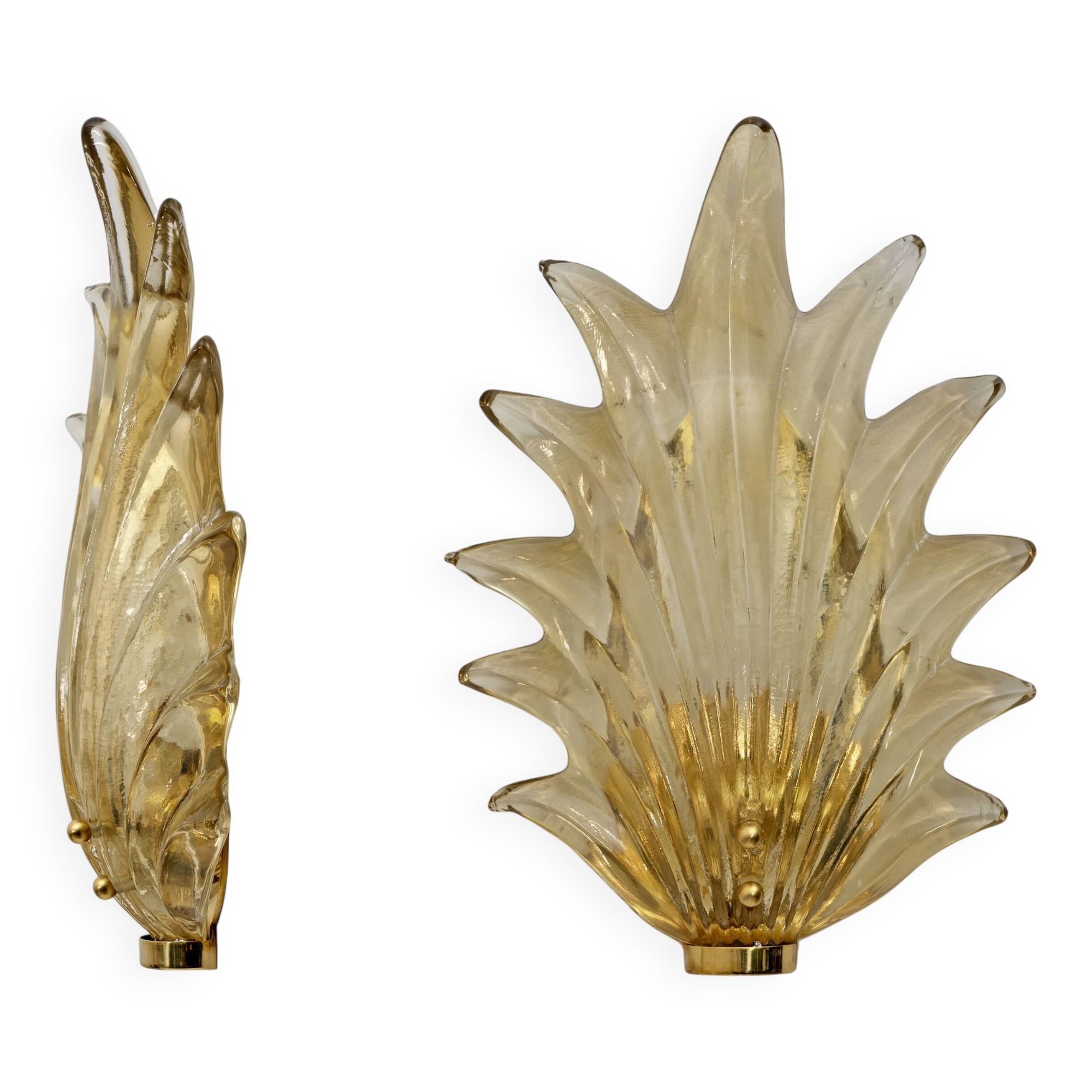 Pair Barovier & Toso Style Modern Italian Murano Glass Leaf Sconces