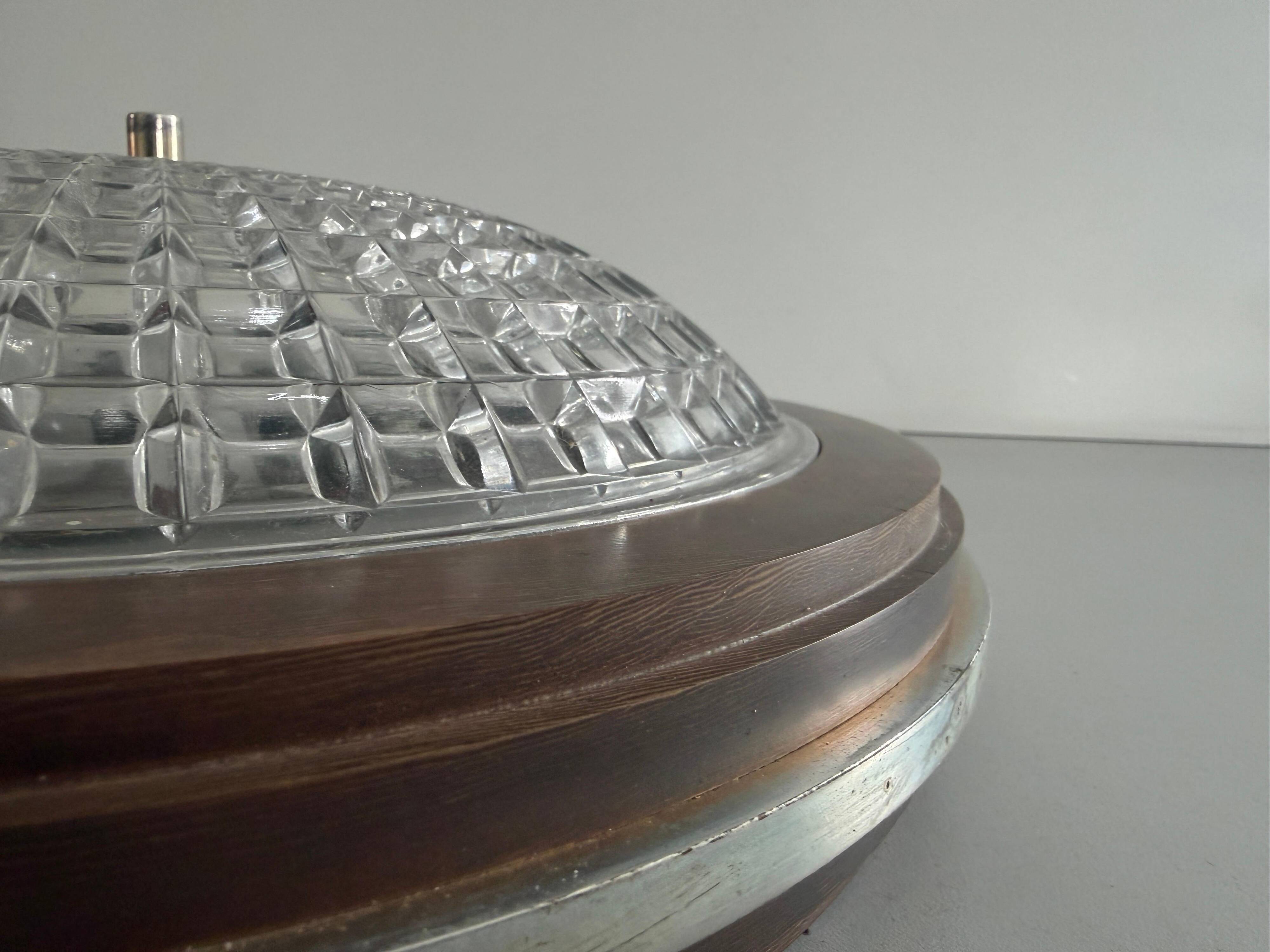 Flush mount in glass crystal and mahogany wood base, 1960s, Switzerland